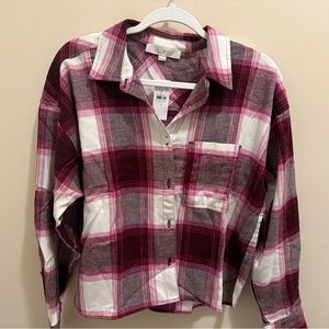 LOFT Plaid Button Down Shirt - Pink and White
